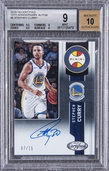 2018/19 Panini Certified "10th Anniversary Autos" #10-SC Stephen Curry Signed Card (#07/15) – BGS MINT 9/BGS 10